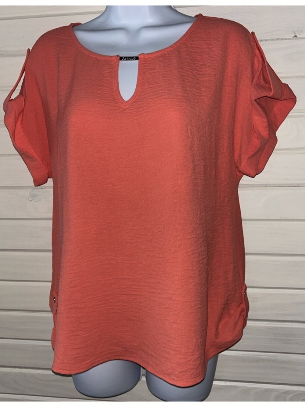 NWT CALVIN KLEIN Sz SMALL Top Blouse S/S Keyhole Neck Coral Orange